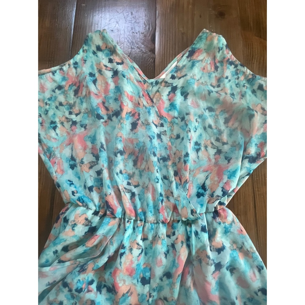 Decree Women Watercolor Abstract Print Surplice Romper Teal Peach Medium - Picture 4 of 6